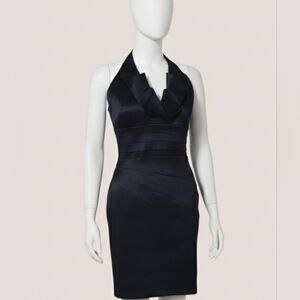 Daisy Black Satin Halter Mini Dress Ruffle V-Neck Bodycon Cocktail LBD Sz Large